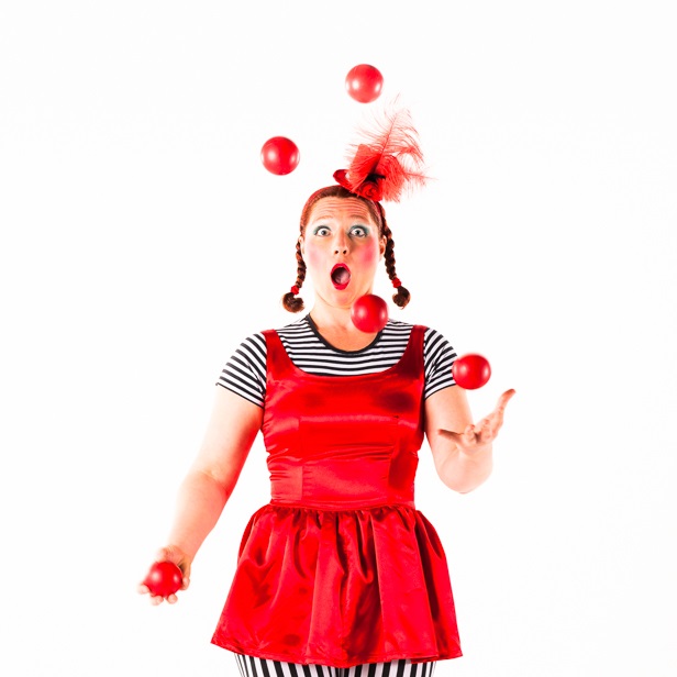 Matilda juggling clown mime red dress